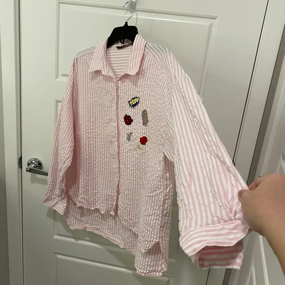 Zara Basic Pink White Striped Seersucker Patch High Low Button Down Shirt XL